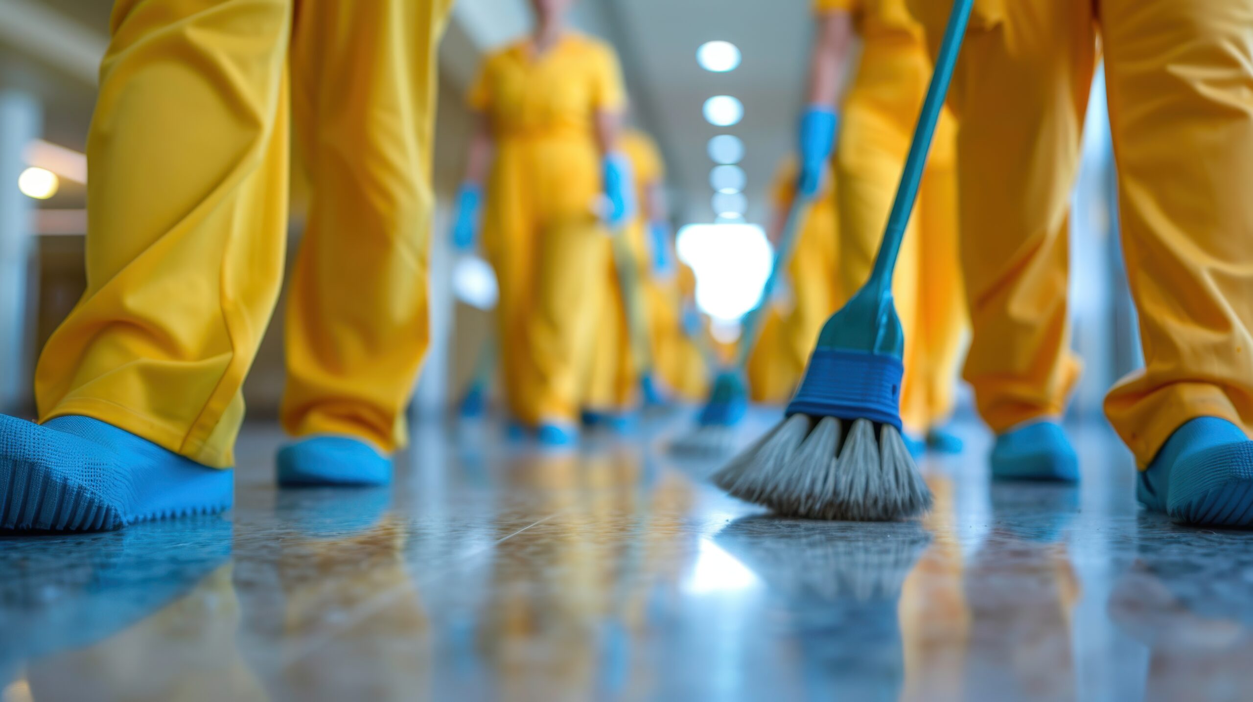 Cleaning hotel corridors. Janitors clean rooms in buildings. Cleaning the premises of shopping centers.