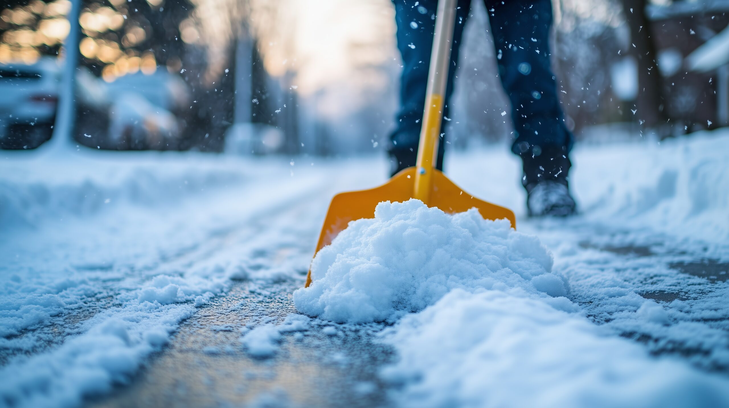 Close up Person shoveling deep snow from the driveway or sidewalk during a winter day, depicting cold weather maintenance work and chores