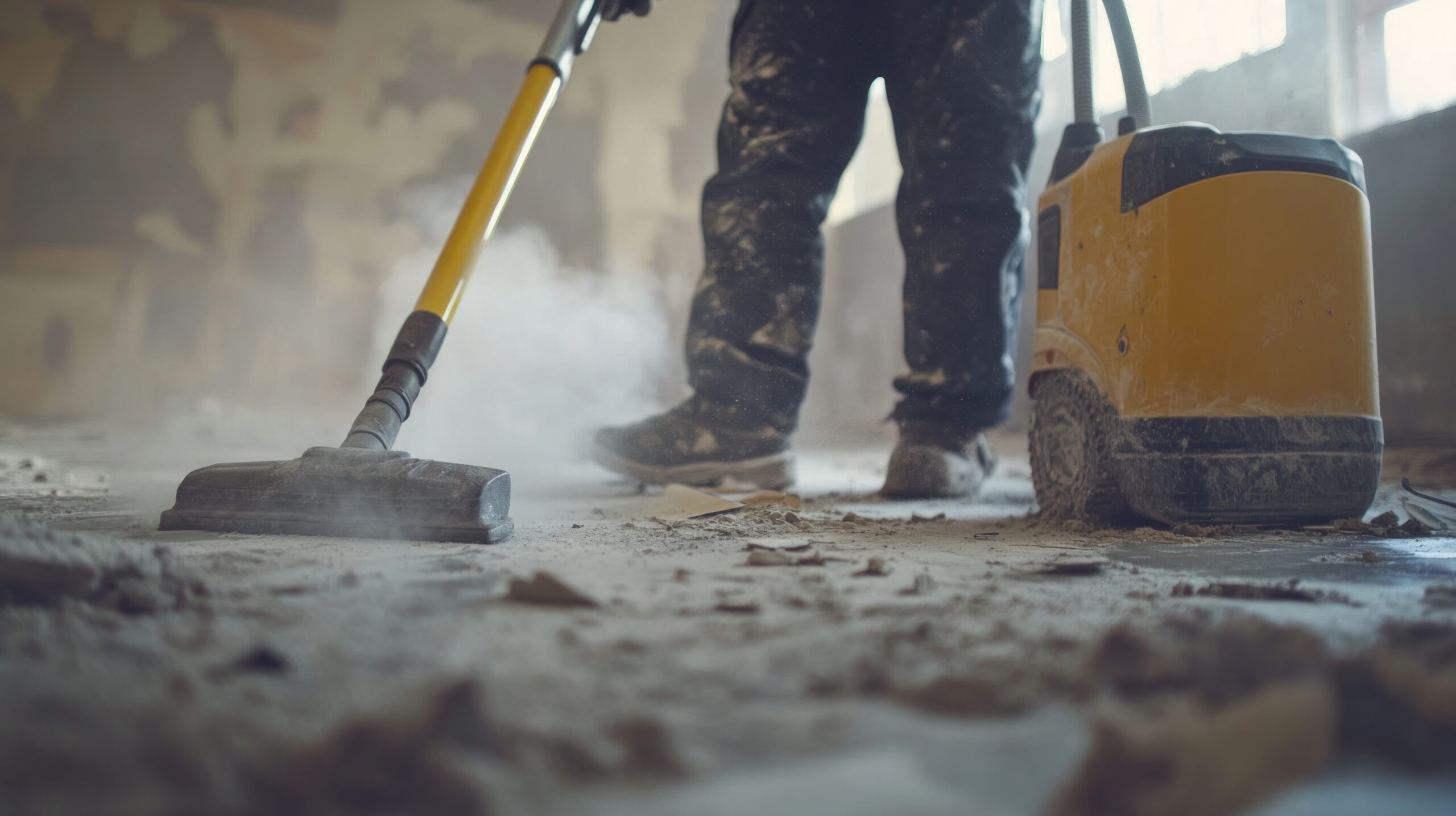 Construction Worker Cleaning Dust with Vacuum Cleaner