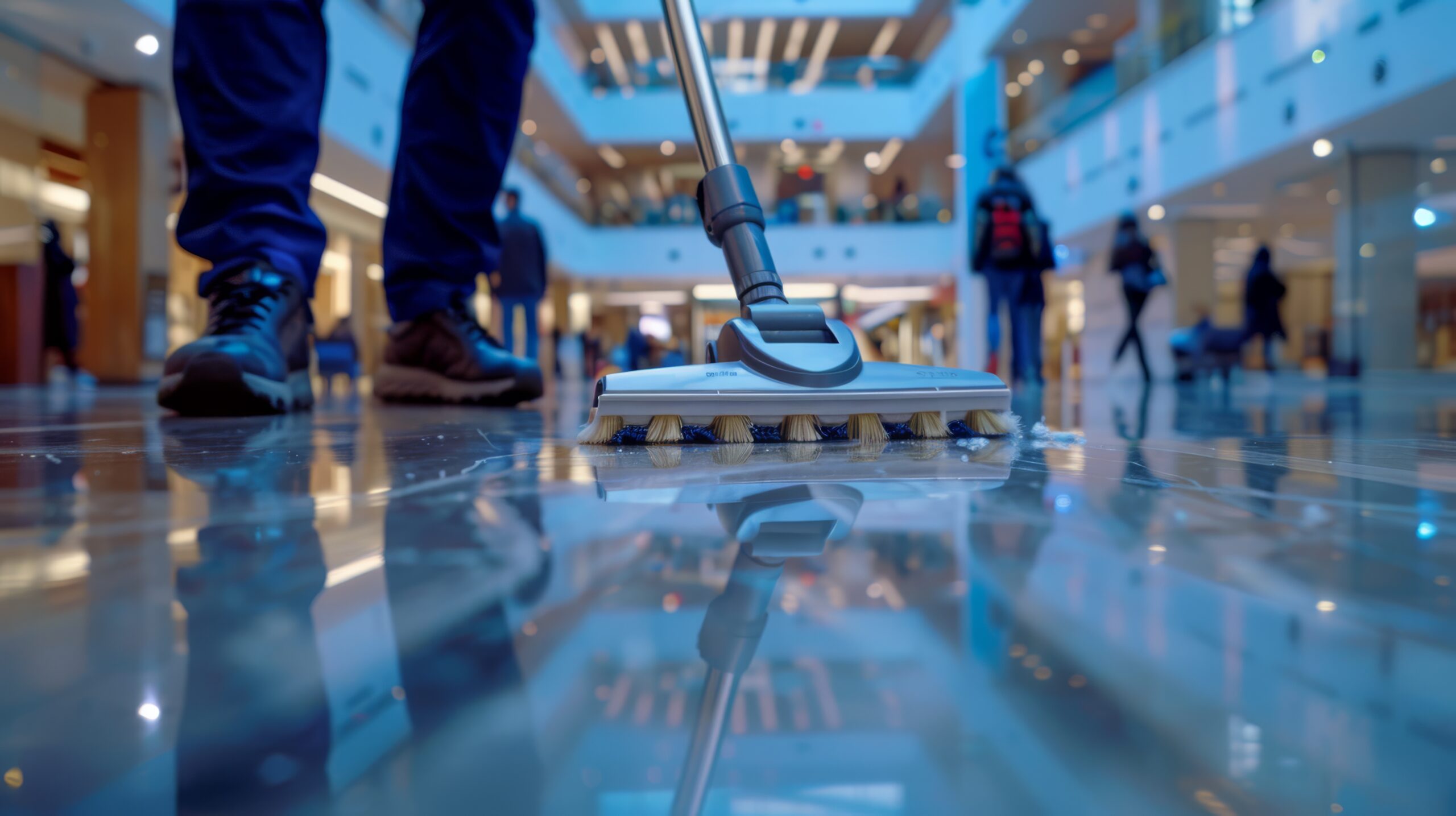 A janitor is cleaning a shiny floor in a mall, with people passing by, preserving a wellkept environment