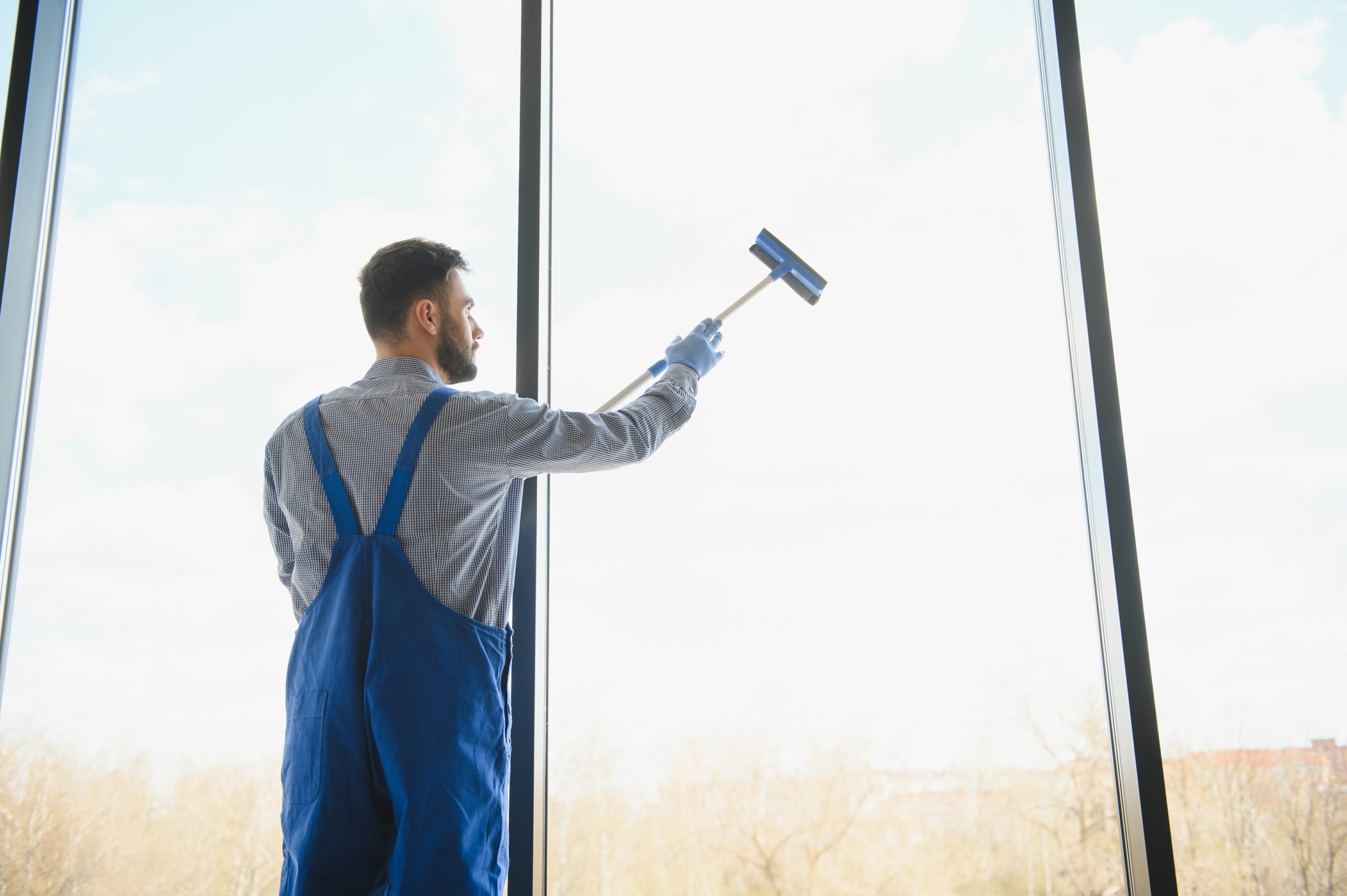 Male janitor cleaning window in office.
