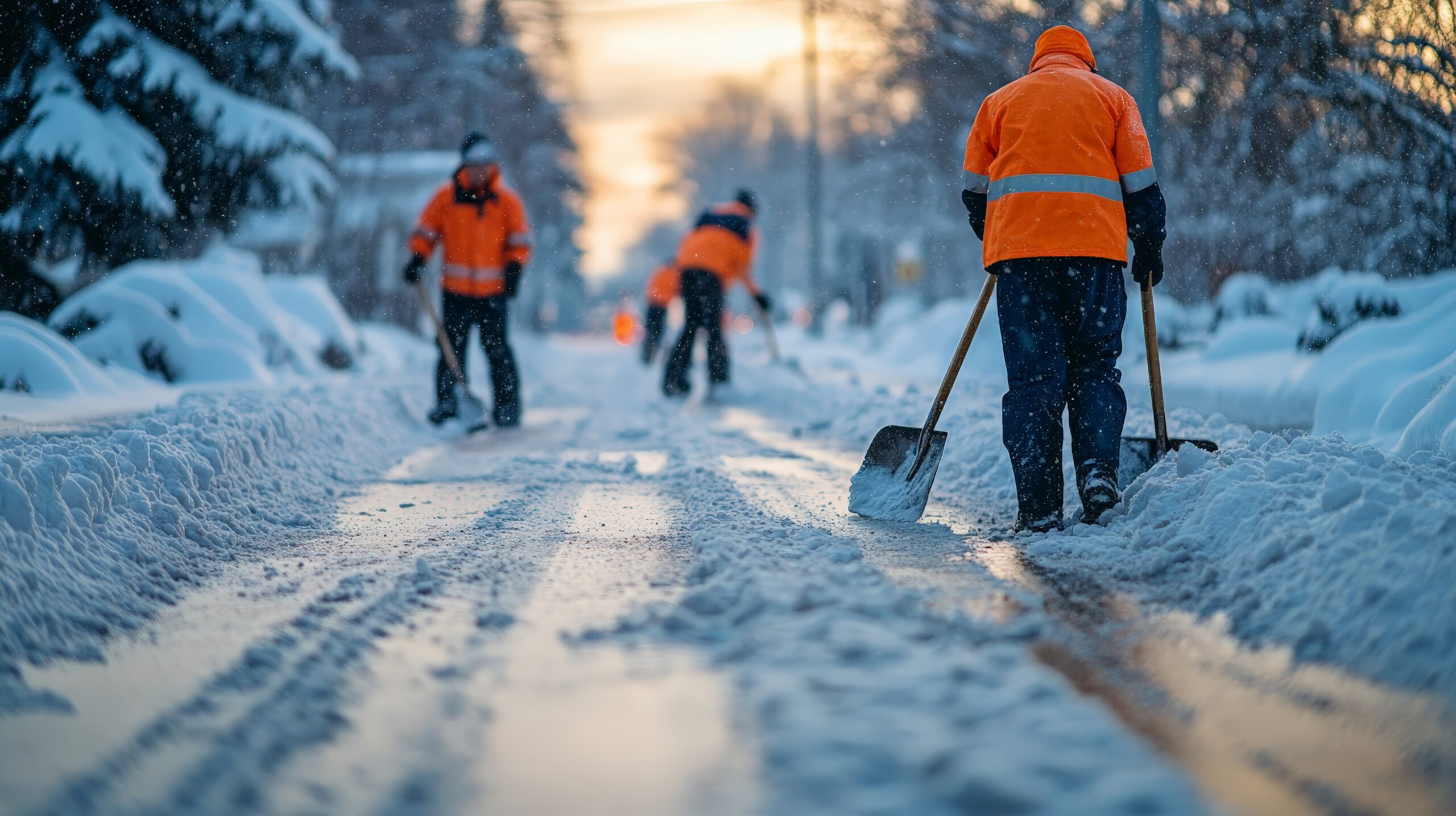 Municipal workers diligently clear a snowy road using shovels, ensuring safe and clean streets during winter.